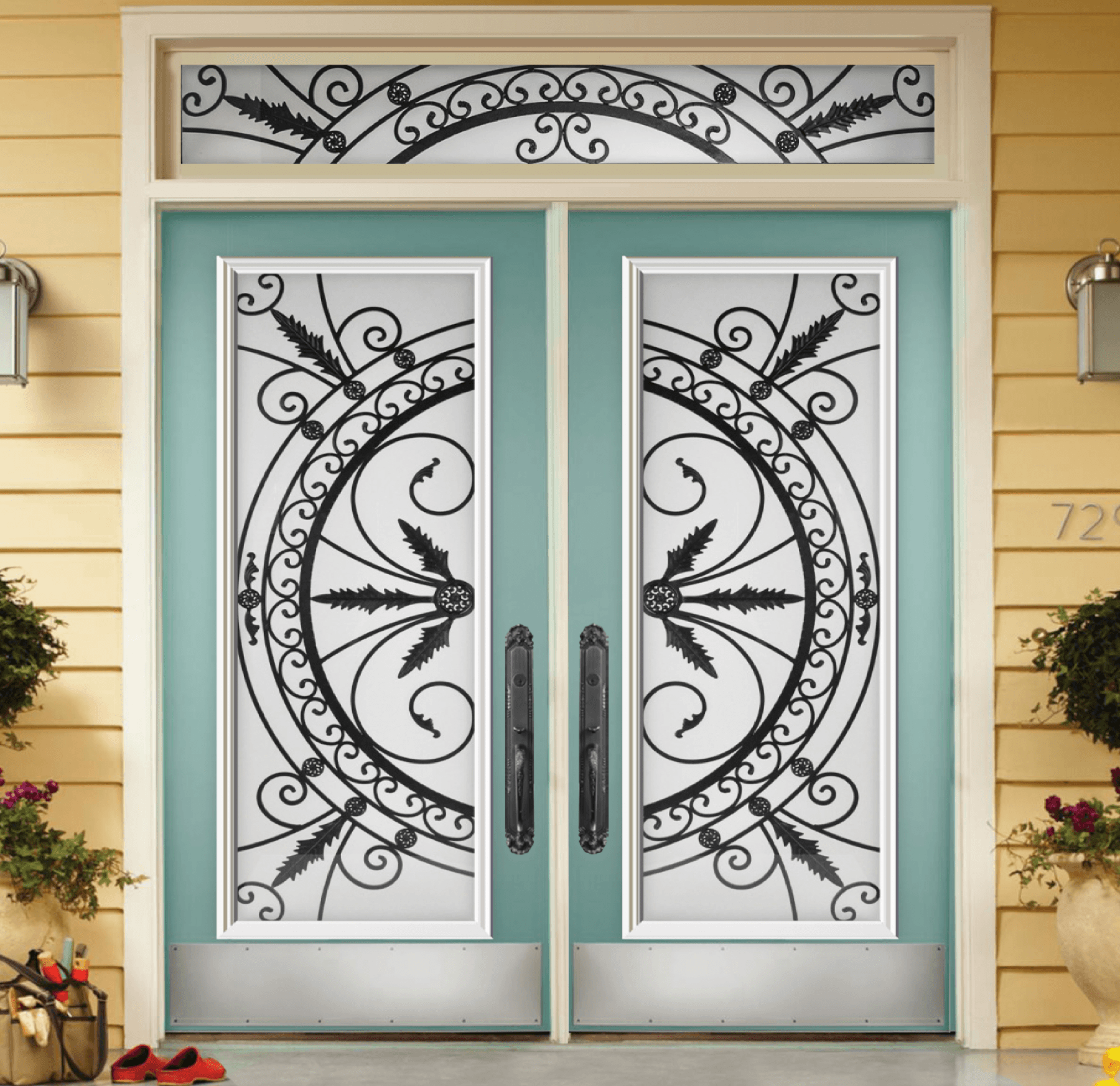 Designer wrought iron door glass insert